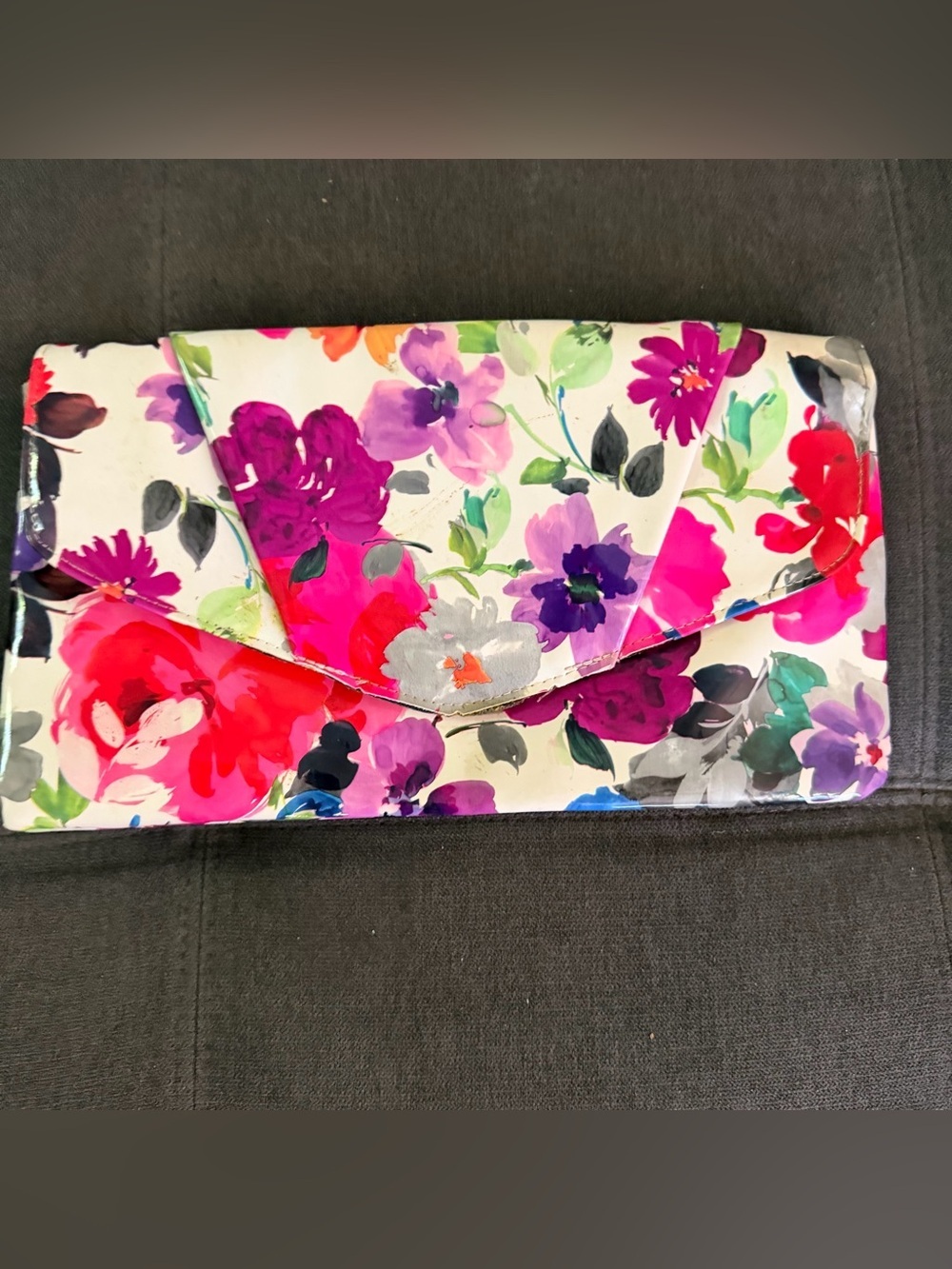 Vintage Gunne Sax Floral Envelope Clutch in White with Pink, Purple & Red Blooms